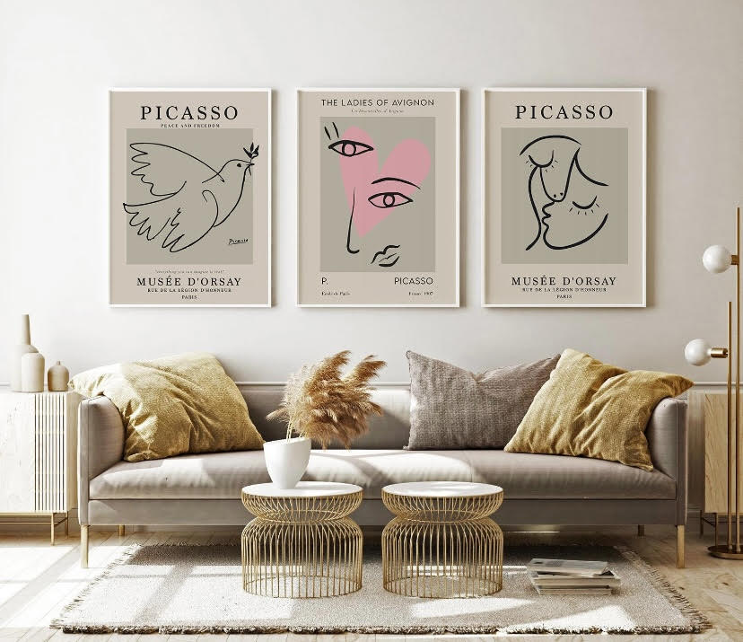 Picasso Print Set Of Three Posters | Famous Artist Wall Art |  Picasso Poster Prints | Grey Picasso Print Set