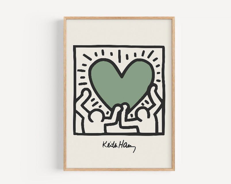 Keith Haring Inspired Sage Green Love Heart Print