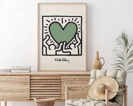 Keith Haring Inspired Sage Green Love Heart Print