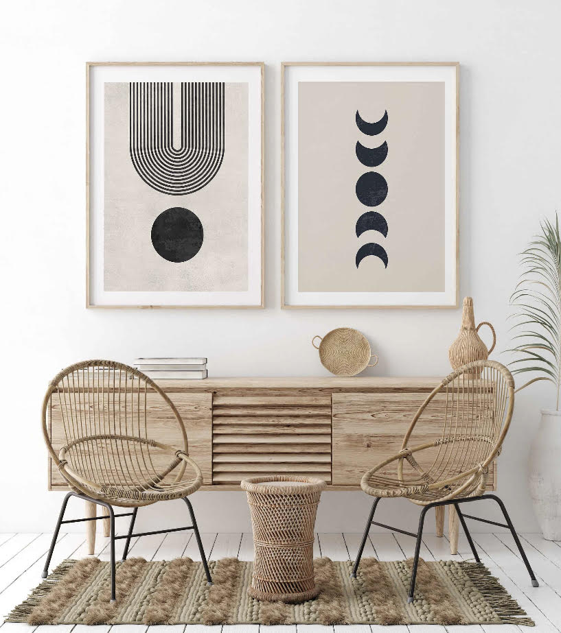 Mid Century Black and Beige Rainbow and Moon Print Set