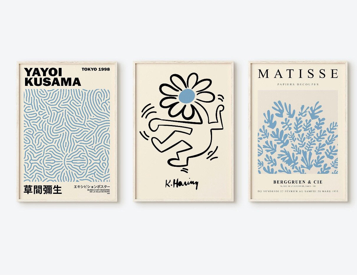 Keith Haring Exhibition set of 3 Matisse | Yayoi Kusama prints | famous artists wall art | blue wall art