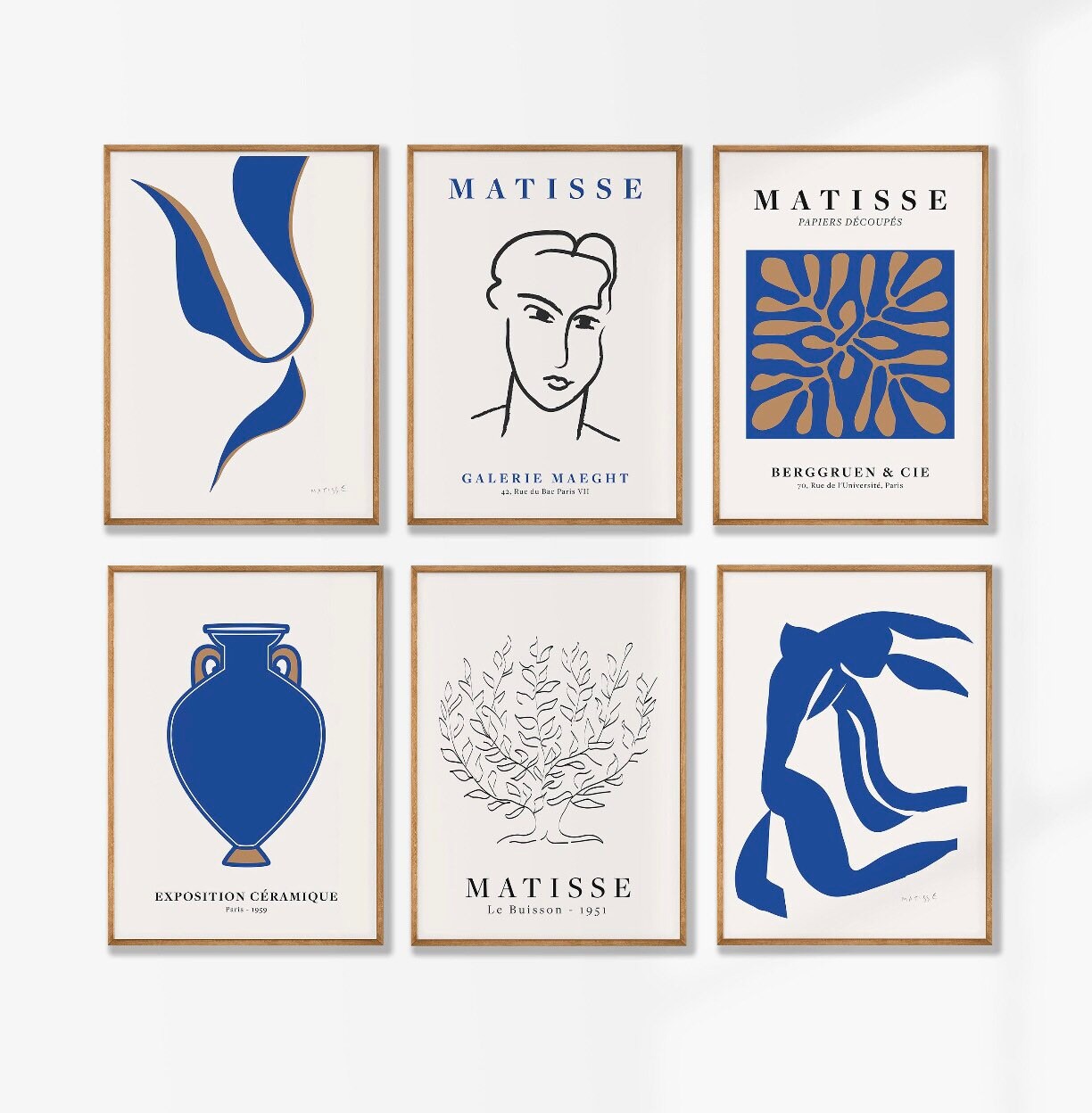 Matisse set of 6 gallery wall art prints, blue and beige abstract art prints, Matisse prints, Matisse art