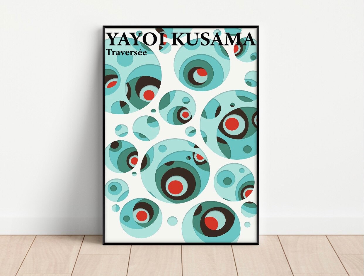 Set of 3 gallery Yayoi Kusama print | Japanese wall art | aqua blue green print | famous artist print | exhibition art |