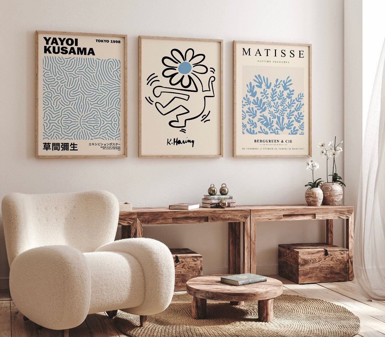 Keith Haring Exhibition set of 3 Matisse | Yayoi Kusama prints | famous artists wall art | blue wall art