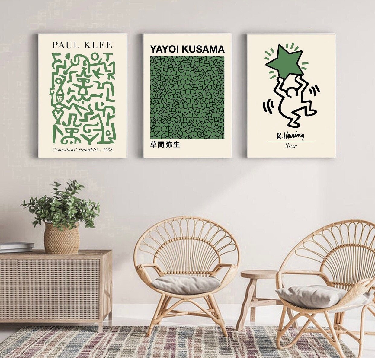 Set of 3 Paul Klee Yayoi Kusama Keith Haring print | green gallery wall art | pop art | Japanese art | abstract art |