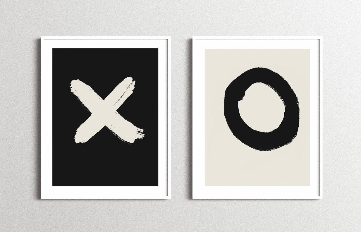 Black and White set of 2 XO prints | hug and kisses picture | monochrome print | minimalistic decor | his and hers print |