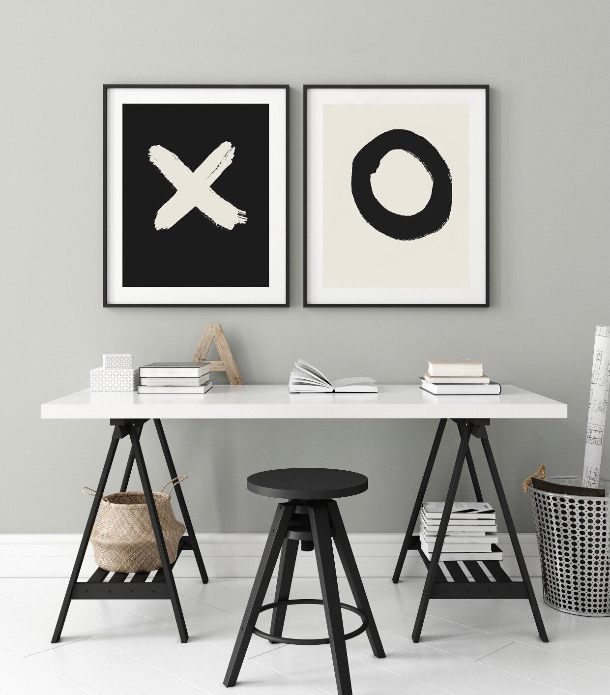 Black and White set of 2 XO prints | hug and kisses picture | monochrome print | minimalistic decor | his and hers print |