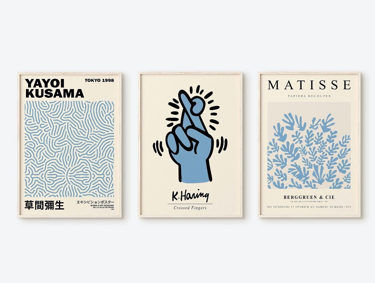 Set of 3 exhibition prints | Keith Haring | Matisse print | Yayoi Kusama print | blue wall art | pop art | mid century art