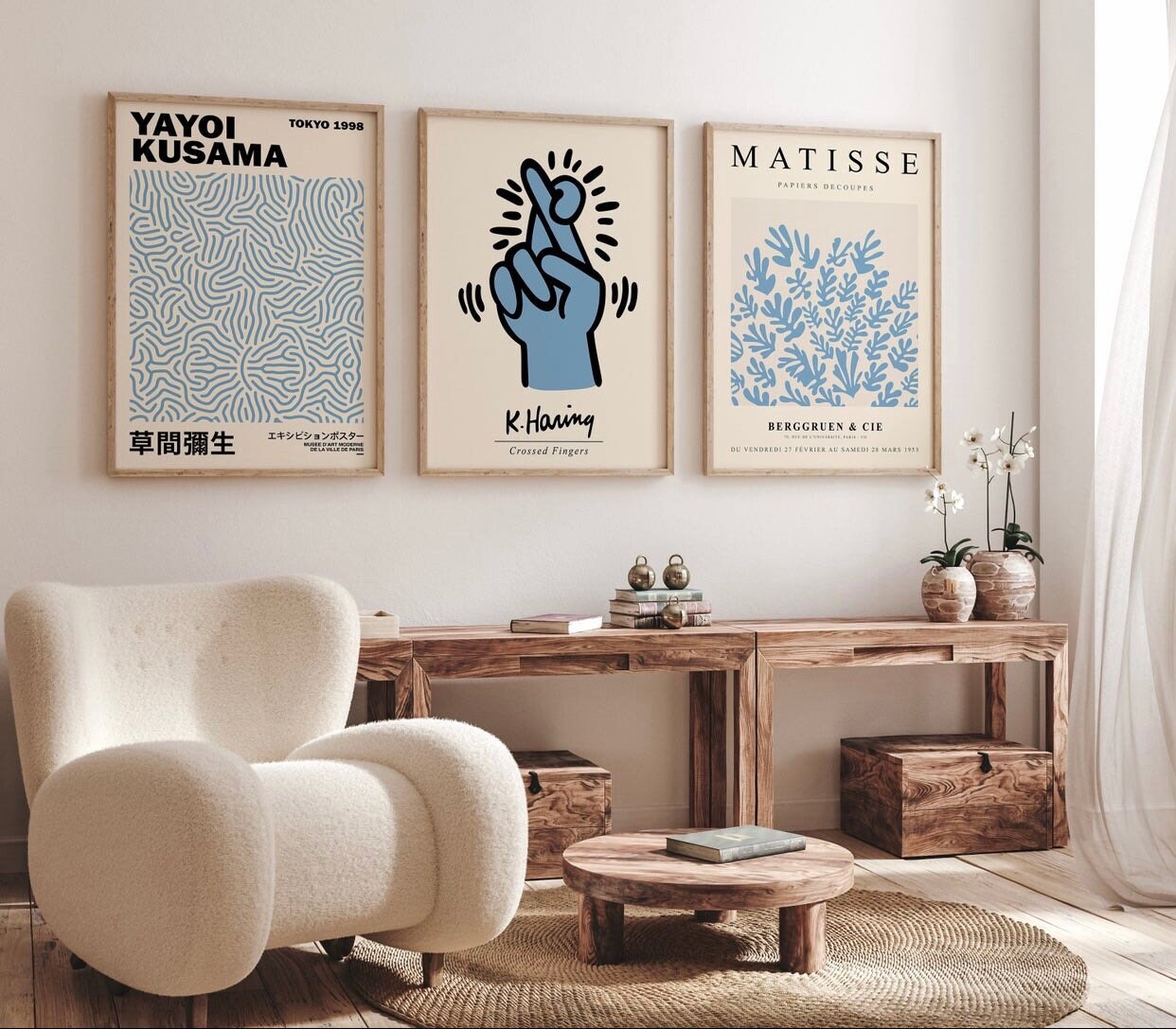 Set of 3 exhibition prints | Keith Haring | Matisse print | Yayoi Kusama print | blue wall art | pop art | mid century art