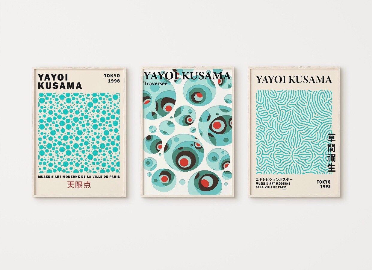 Set of 3 gallery Yayoi Kusama print | Japanese wall art | aqua blue green print | famous artist print | exhibition art |