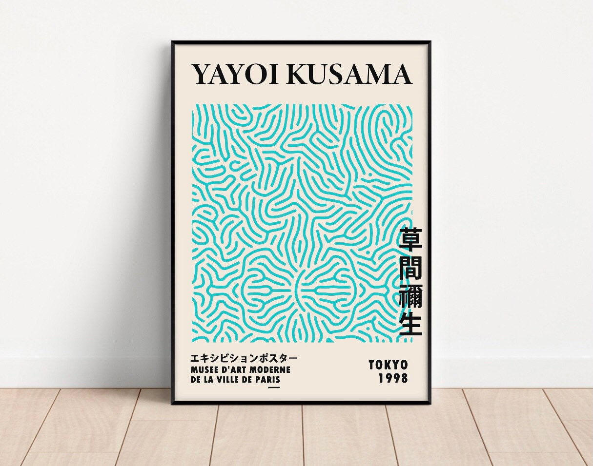 Set of 3 gallery Yayoi Kusama print | Japanese wall art | aqua blue green print | famous artist print | exhibition art |