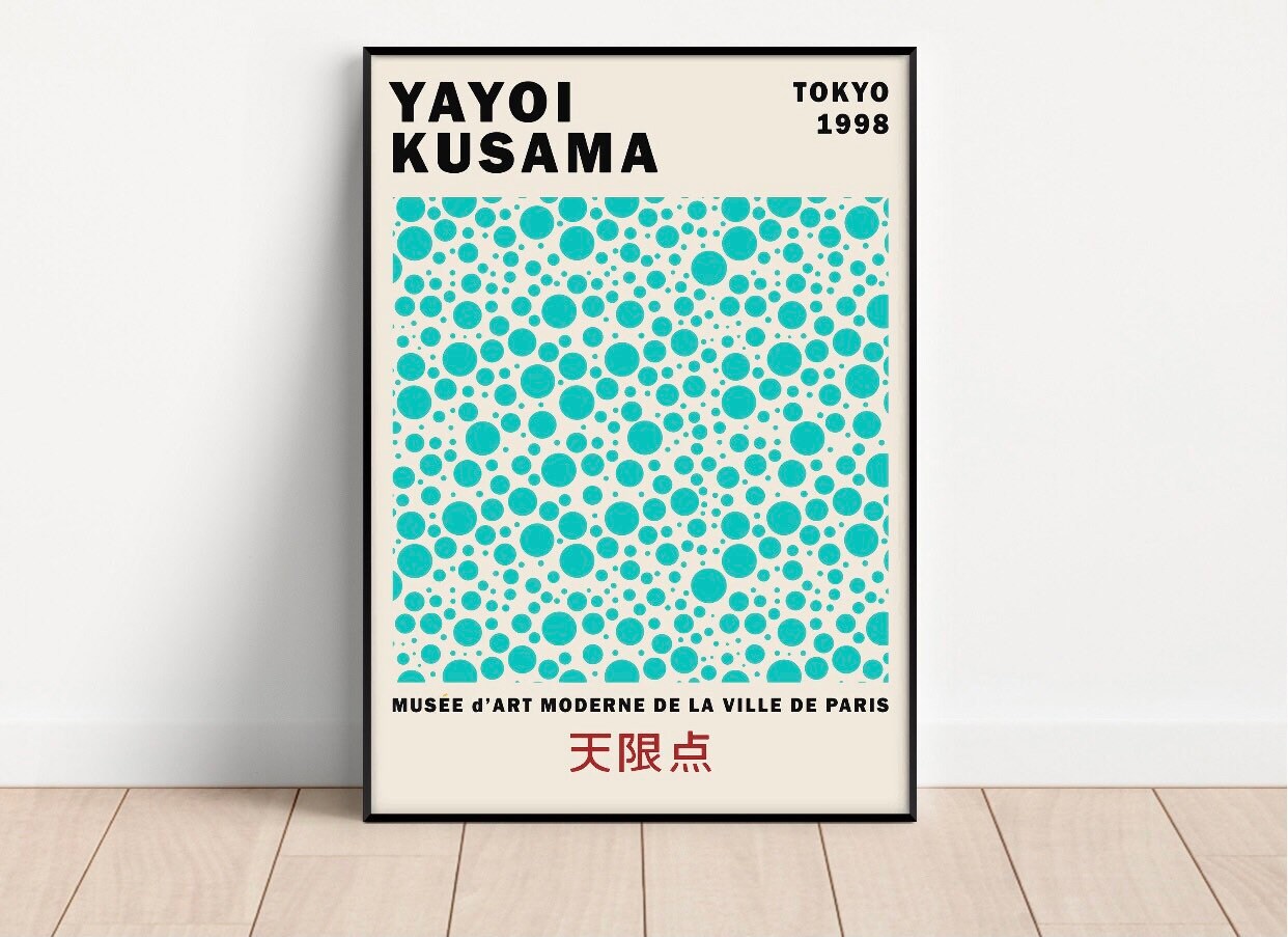 Set of 3 gallery Yayoi Kusama print | Japanese wall art | aqua blue green print | famous artist print | exhibition art |