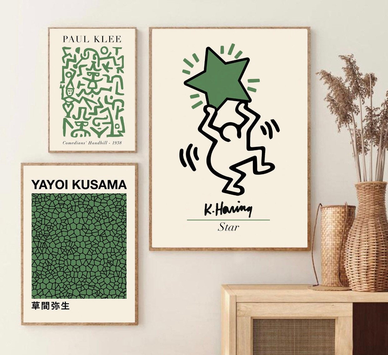 Set of 3 Paul Klee Yayoi Kusama Keith Haring print | green gallery wall art | pop art | Japanese art | abstract art |