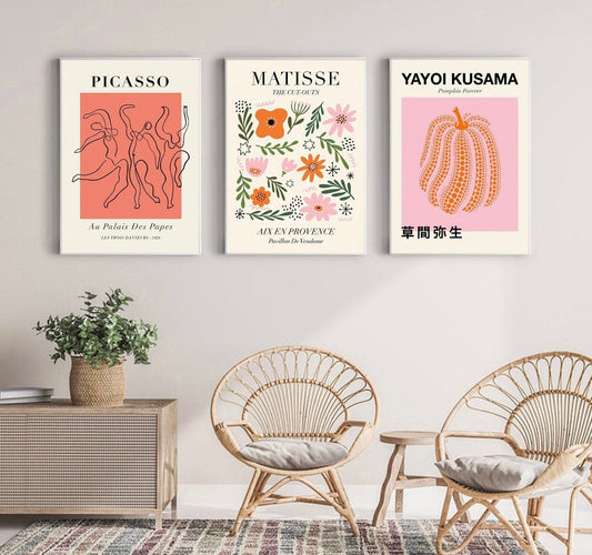 Set of 3 prints | Picasso print | Yayoi Kusama print | Matisse cut outs print | set of 3 pink wall art | Colourful Art