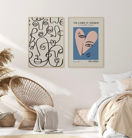 Picasso Print Set of 2, Mid Century Modern Wall Art, Boho Wall Art, 2 piece wall art, One Line Faces Poster, Exhibition Poster