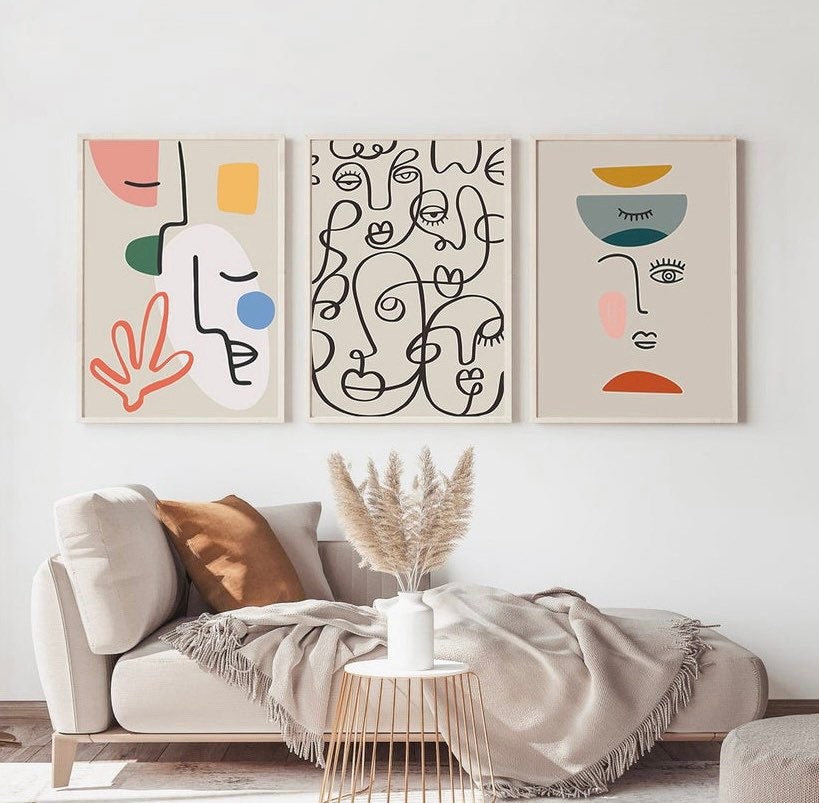 3 piece wall art, Picasso Print Set, Abstrat Boho Poster Bundle, Line Art Poster Set of 3, Colourful art, Abstract Faces Line Art,