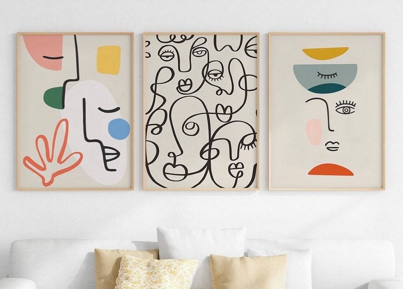 3 piece wall art, Picasso Print Set, Abstrat Boho Poster Bundle, Line Art Poster Set of 3, Colourful art, Abstract Faces Line Art,