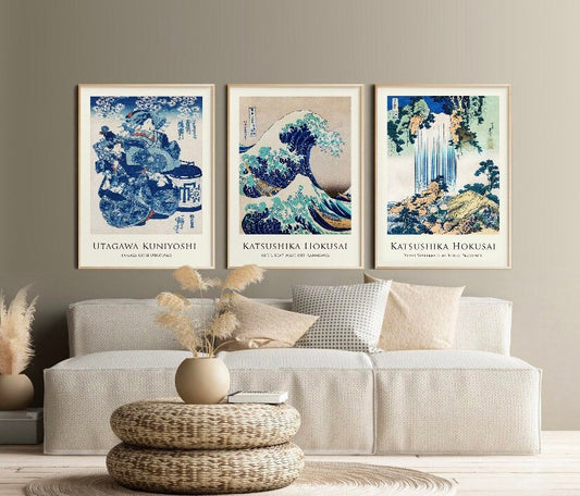 Japanese Wall Prints Set of 3 | Woodblock Art |Vintage Japanese Art | Katsushika Hokusai Prints | Kanagawa, Great Wave