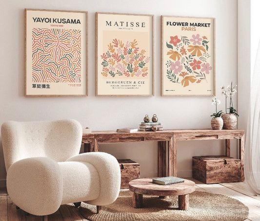 Set Of Three Prints |Flower Market Paris Print | Matisse Print Set | Gallery Wall Set | Yayoi Kusama Poster Set | Neutral Prints