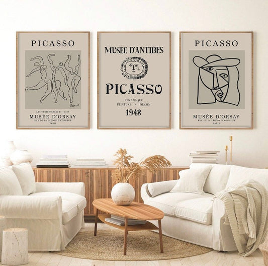Picasso Print Set Of Three Posters | Famous Artist Wall Art | Picasso Poster Prints | Grey Picasso Print Set