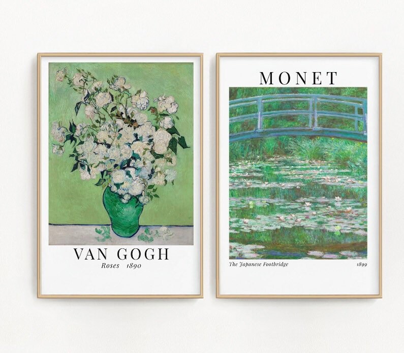 Van Gogh and Monet Green Exhibition Prints | Prints Set of 2 | Van Gough Roses Print | Monet Waterlilies Print | Museum Art | Famous Artist