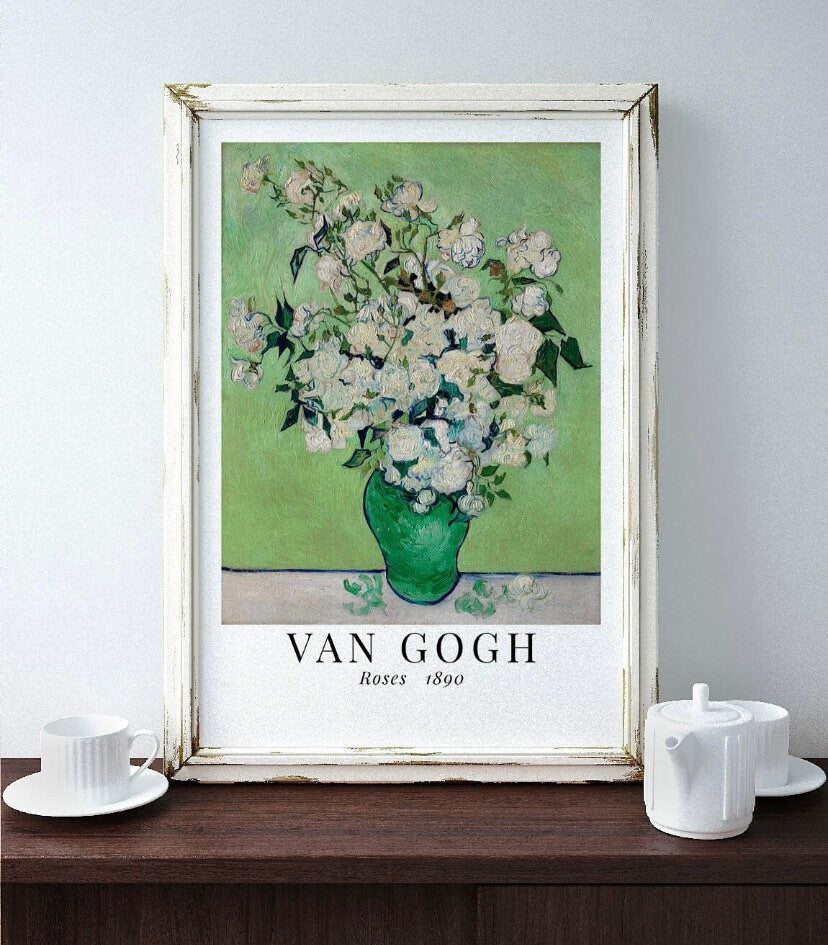 Van Gogh and Monet Green Exhibition Prints | Prints Set of 2 | Van Gough Roses Print | Monet Waterlilies Print | Museum Art | Famous Artist