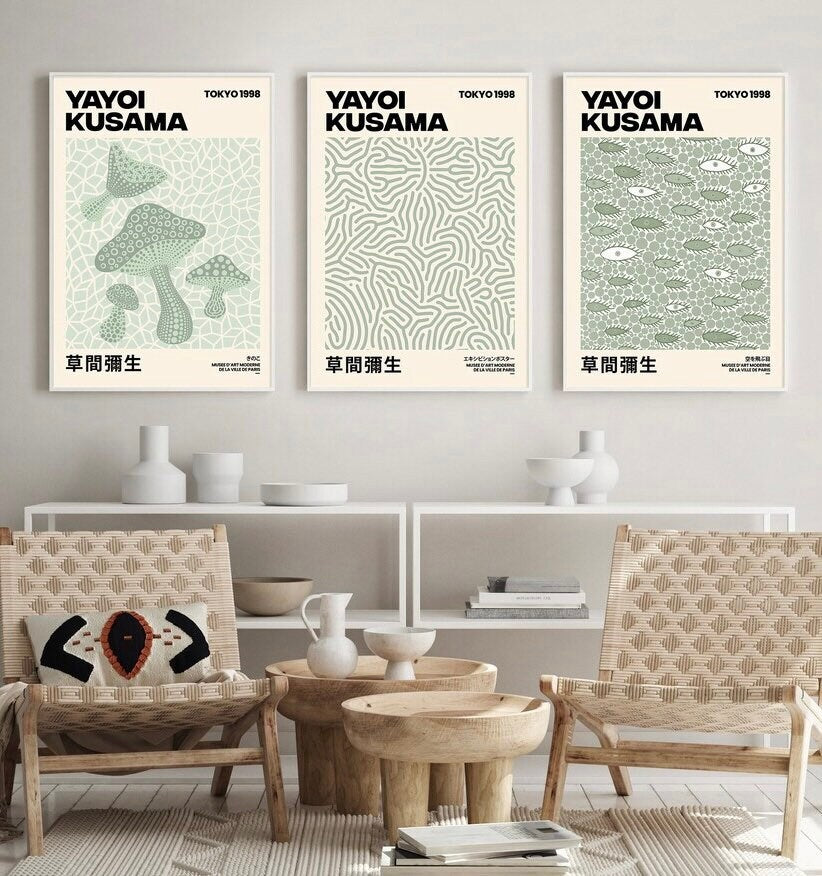 Yayoi Kusama Set of 3 Prints | Gallery Wall Set | Sage green print set | Exhibition Wall Art | Japanese Poster Set | Exhibition Wall Set