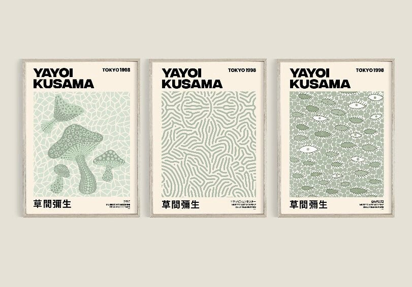 Yayoi Kusama Set of 3 Prints | Gallery Wall Set | Sage green print set | Exhibition Wall Art | Japanese Poster Set | Exhibition Wall Set