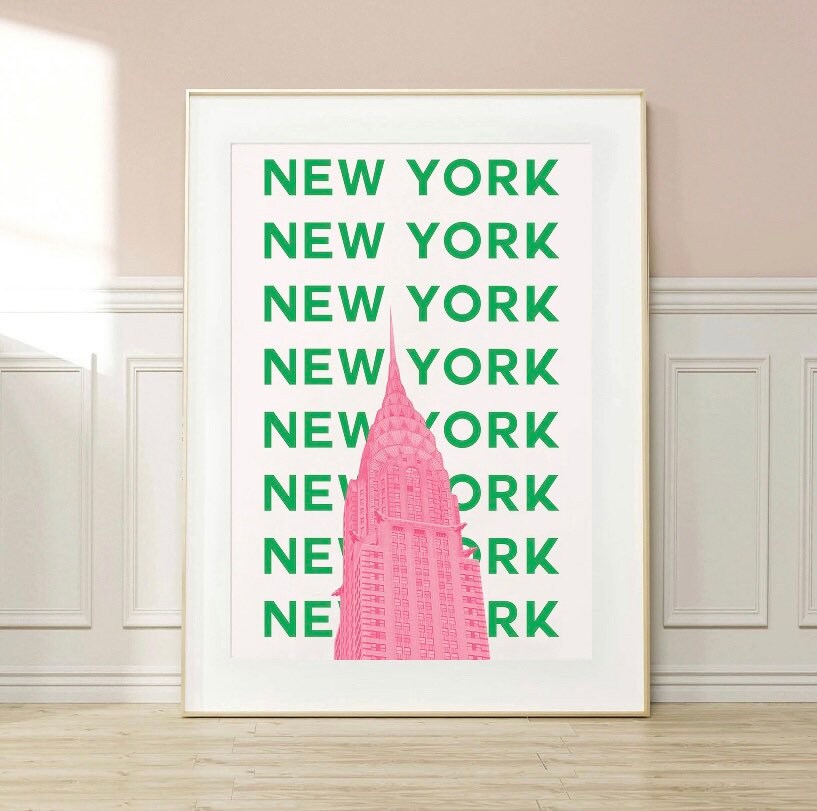 New York Travel Print | New York Landmark Print | Pink Green New York Art | Travel Print | Exhibition Print | Retro Wall Art