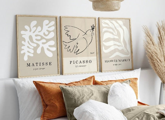 Neutral Wall Art| Set of 3 Prints | Matisse Print | Picasso Print | Flower Market Print | Exhibition Poster | Bird of Peace