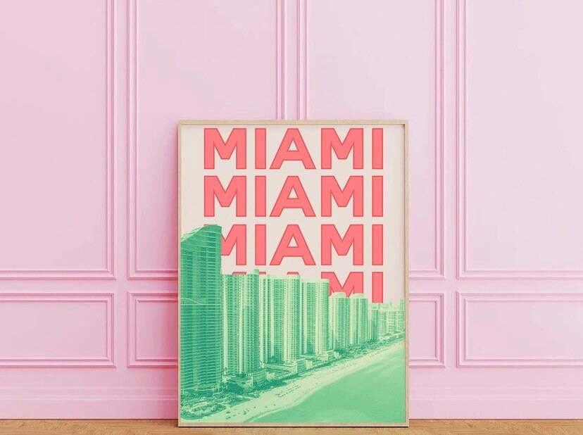 Miami Travel Print | Pink Green Miami Art | Trendy Travel Exhibition Print |Retro Wall Art | Landscape Print