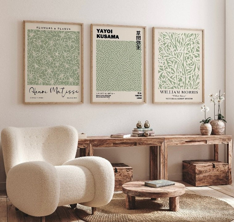 Sage Green Exhibition Poster Set of 3 | Yayoi Kusama Print | Sage Green Wall Art | William Morris Print |3 Piece Wall Art |Matisse Print