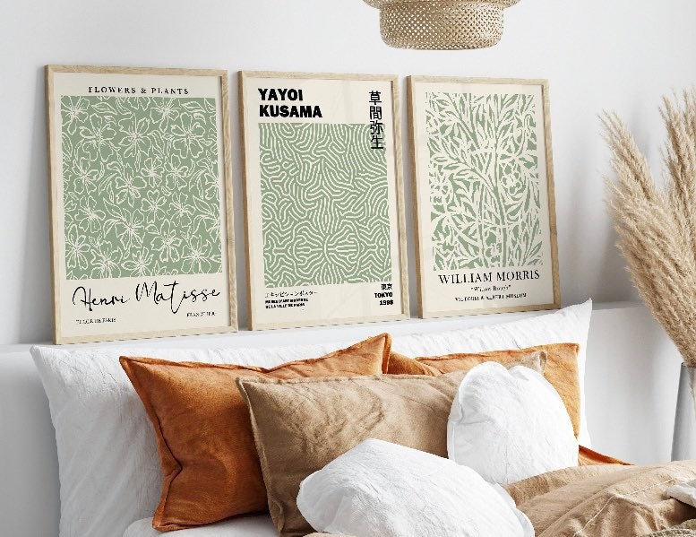 Sage Green Exhibition Poster Set of 3 | Yayoi Kusama Print | Sage Green Wall Art | William Morris Print |3 Piece Wall Art |Matisse Print