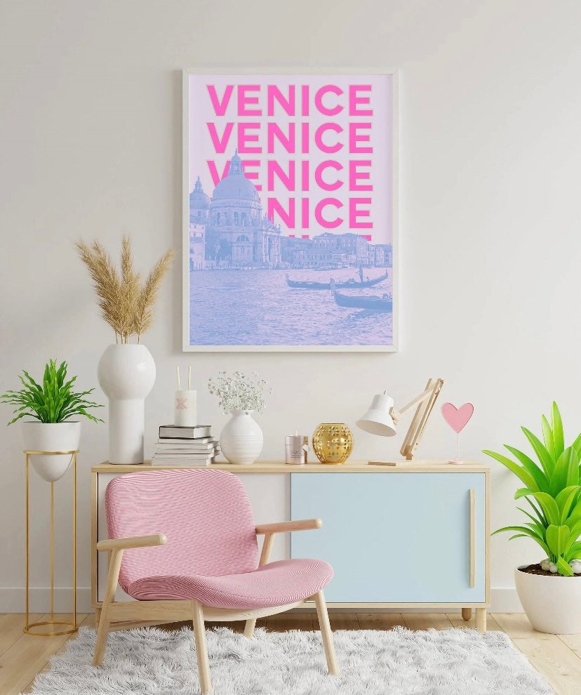 Venice Travel Print | Pink Blue Venice Art | Travel Exhibition Print | Famous Landmark Print