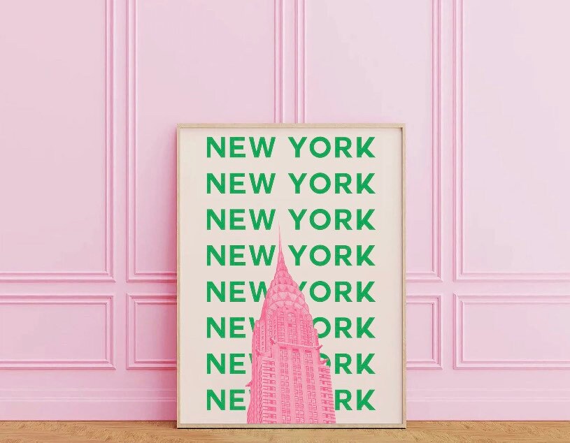 New York Travel Print | New York Landmark Print | Pink Green New York Art | Travel Print | Exhibition Print | Retro Wall Art