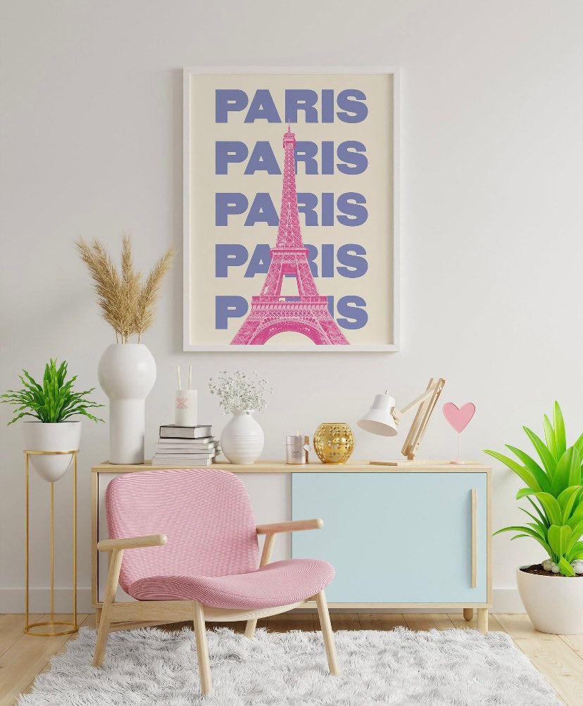 Paris France Travel Print | Pink Blue Eiffel Tower Print | Travel Exhibition Print | Retro Wall Art | Famous Landmark Print