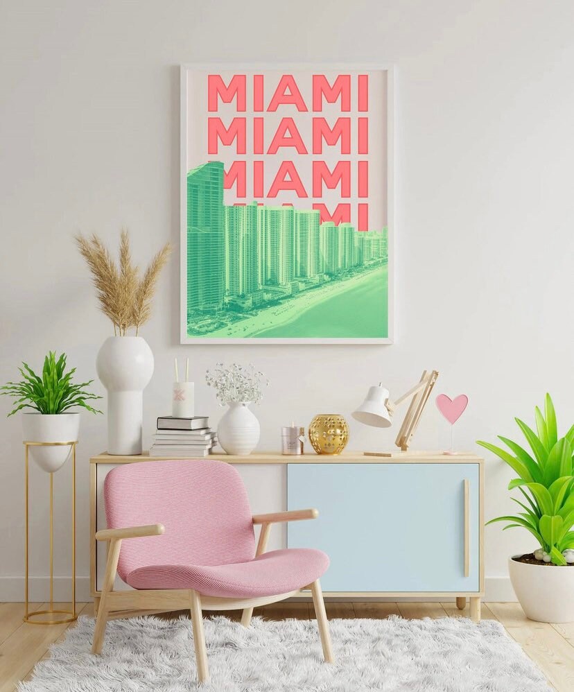 Miami Travel Print | Pink Green Miami Art | Trendy Travel Exhibition Print |Retro Wall Art | Landscape Print