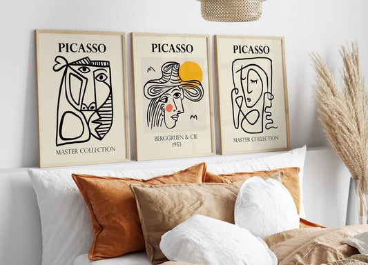 3 piece wall art, Picasso Print Set, Abstrat Boho Poster Bundle, Line Art Poster Set of 3, Colourful art, Abstract Faces Line Art,
