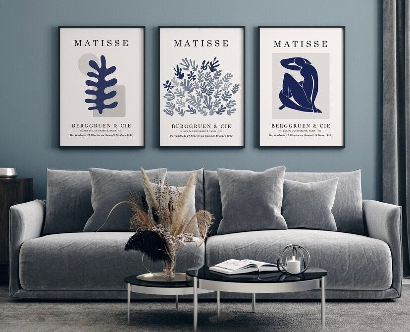 Set of 3 Henri Matisse indigo prints | mid century navy blue prints | Matisse artwork | Matisse The Dance print | The cut outs